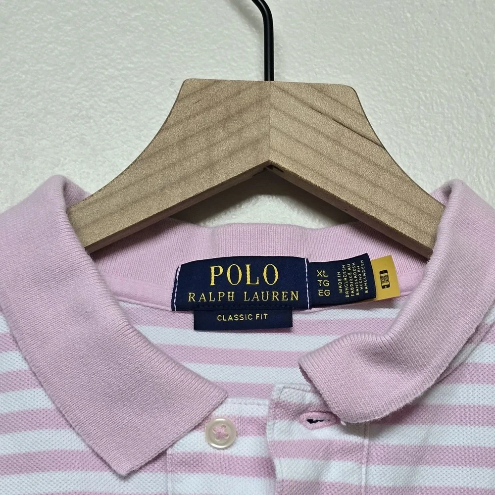 Polo Ralph Lauren‎ Classic Fit Pink White Stripe Polo Shirt Men's XL Cotton